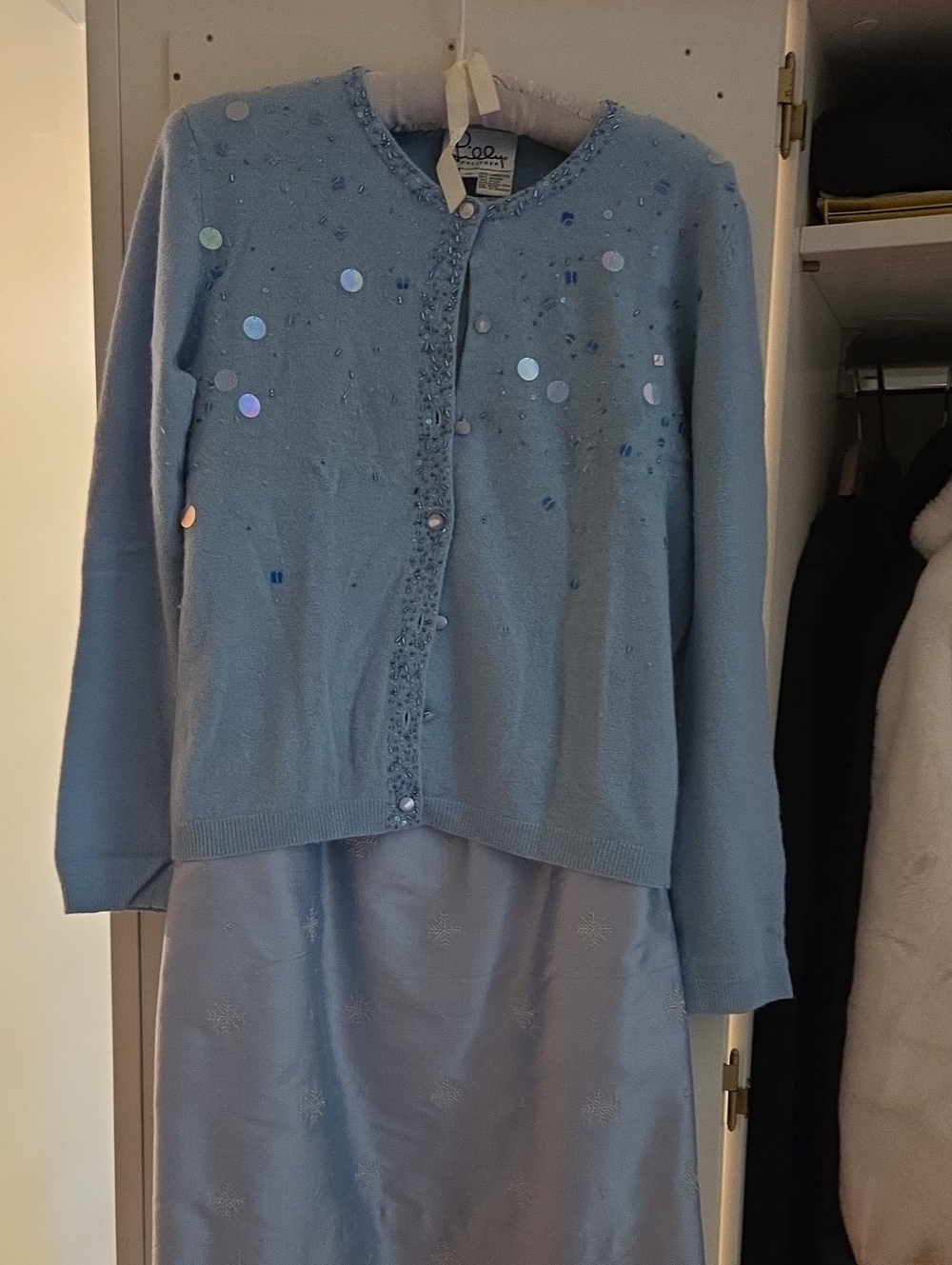 Holiday Light Blue Cardigan Sweater - Sequined Accentedv With Raw Silk Dress